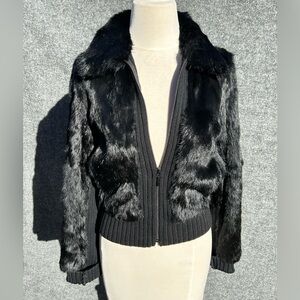 Mango MNG Y2K Black Genuine Rabbit Fur Bomber Jacket